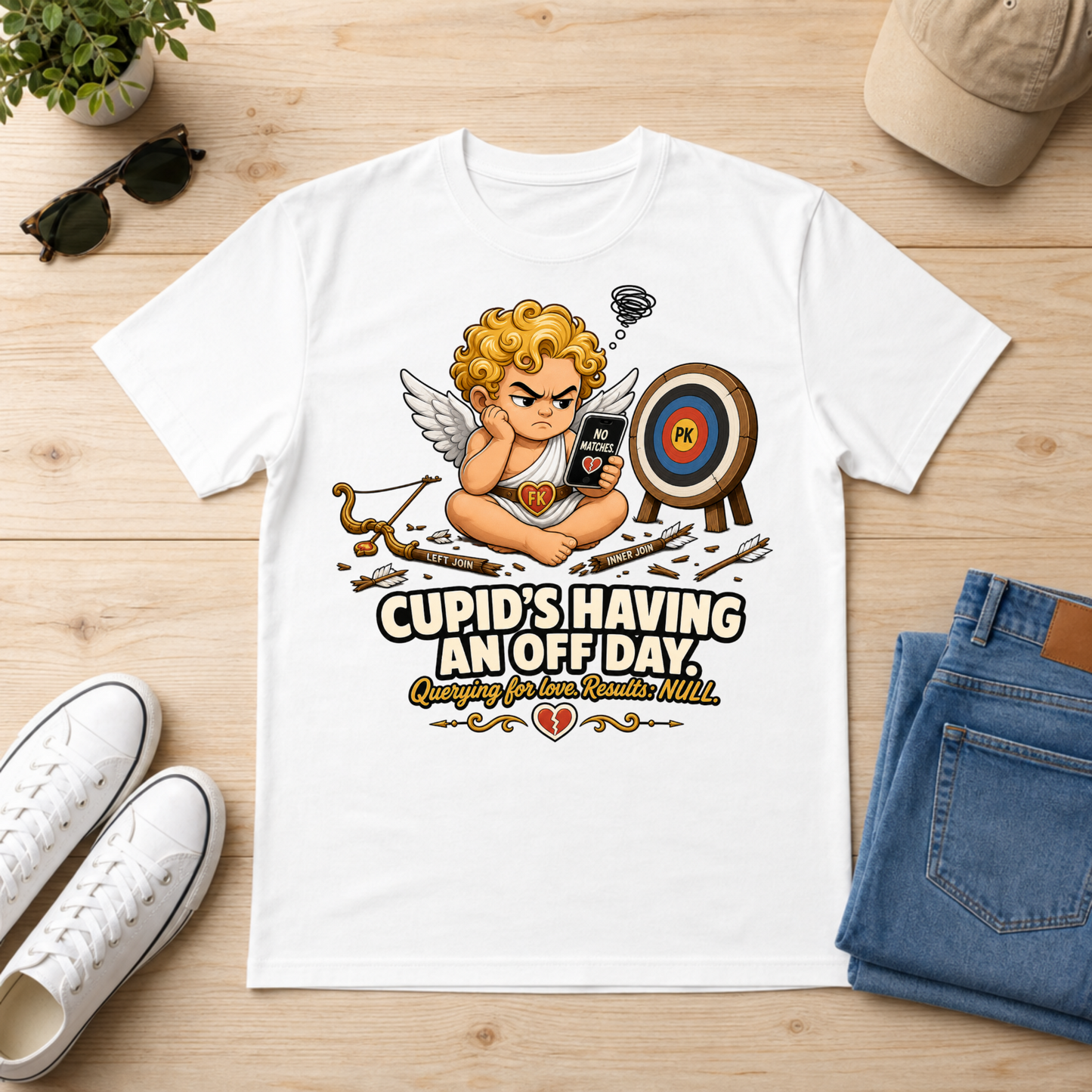 A white graphic t-shirt laid flat on a light wood surface, surrounded by styled props including white sneakers, folded blue jeans, sunglasses, a cap, and a small plant. The shirt features a cartoon cupid aiming a phone at a broken heart, with the text 'CUPID'S HAVING AN OFF DAY, Quirky for Love, Broken Heart.