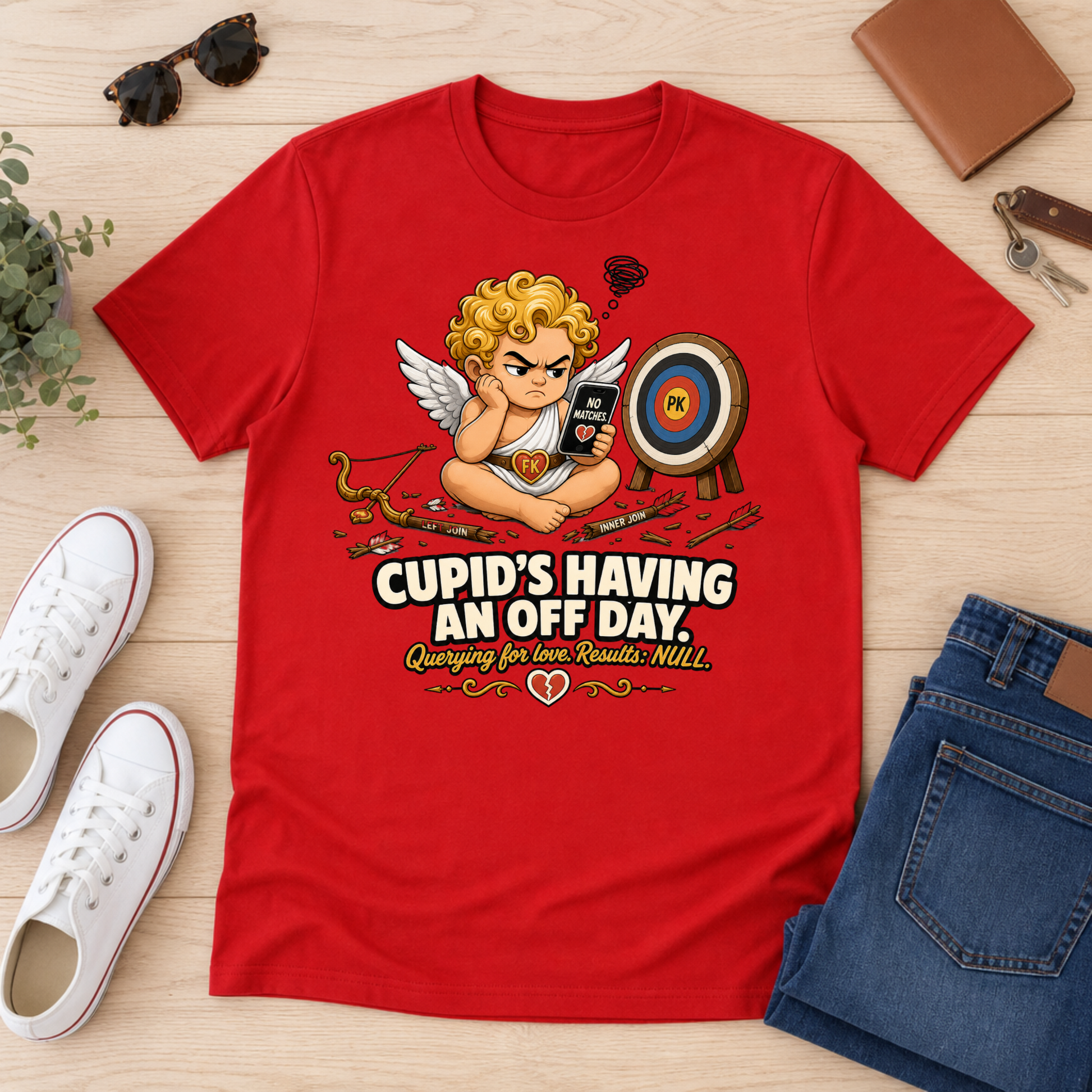A red graphic t-shirt laid flat on a light wood surface, surrounded by lifestyle props including white sneakers, blue jeans, sunglasses, a wallet, keys, and a small plant. The t-shirt features a cartoon cupid sitting cross-legged holding a phone, with a target on a bow, and the text 'CUPID'S HAVING AN OFF DAY.