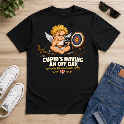 A black graphic t-shirt featuring a cartoon Cupid holding a phone and a target, with the text 'CUPID'S HAVING AN OFF DAY. Querying for love Results: NULL.