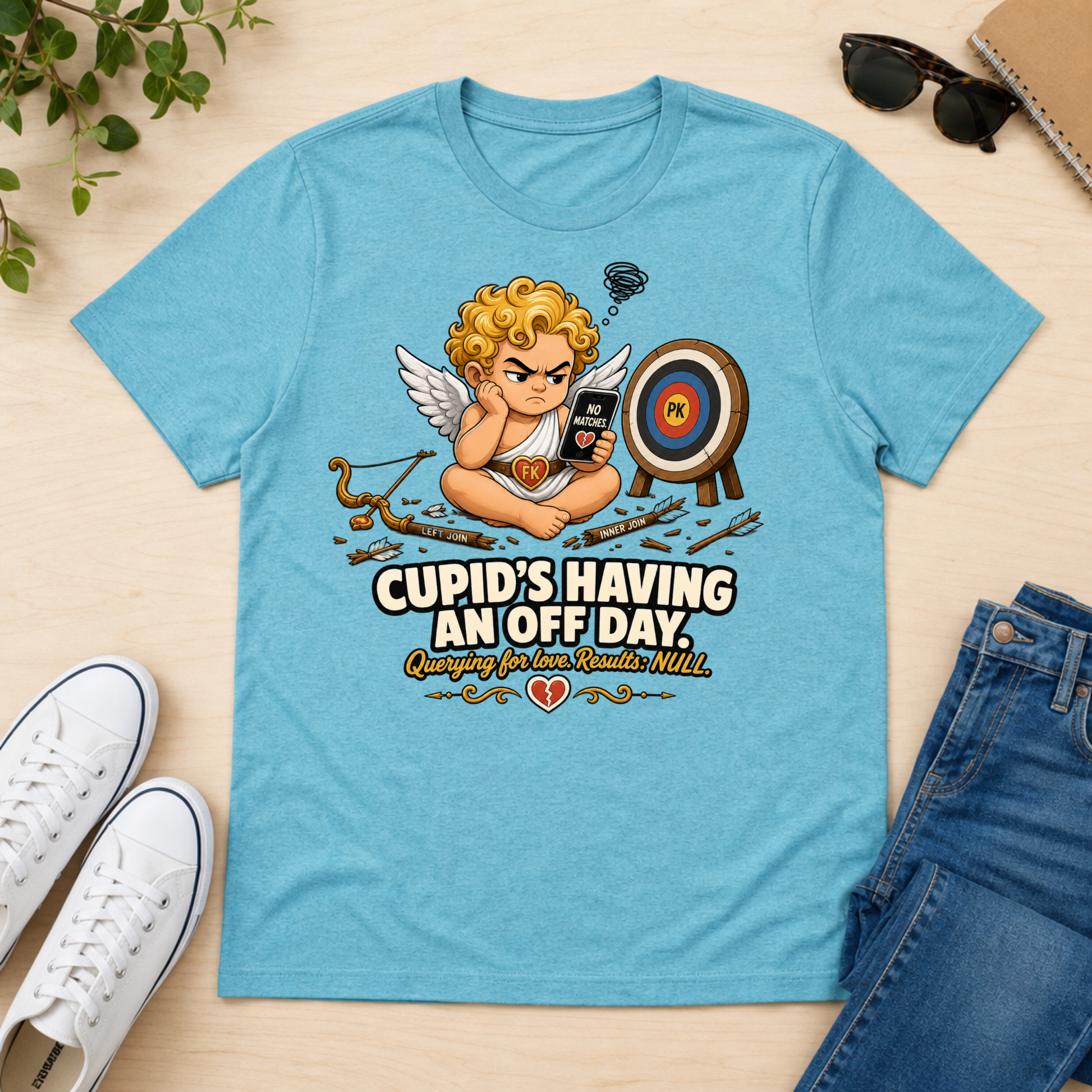 A light blue graphic t-shirt featuring a cartoon cupid aiming a phone at a target, with the text 'CUPID'S HAVING AN OFF DAY' and 'Changing the Rules While'. The shirt is displayed in a flat-lay arrangement on a light wood background alongside white sneakers, sunglasses, a notebook, and blue jeans.