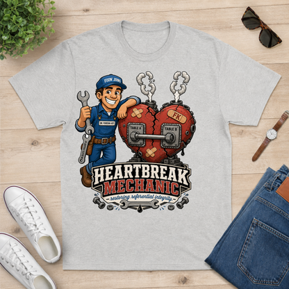 A light heather gray graphic t-shirt laid flat on a light wood surface, featuring a cartoon heartbreak mechanic holding a wrench and a broken red heart. The graphic includes the text 'HEARTBREAK MECHANIC' and 'restoring inflexible pedigrees'.