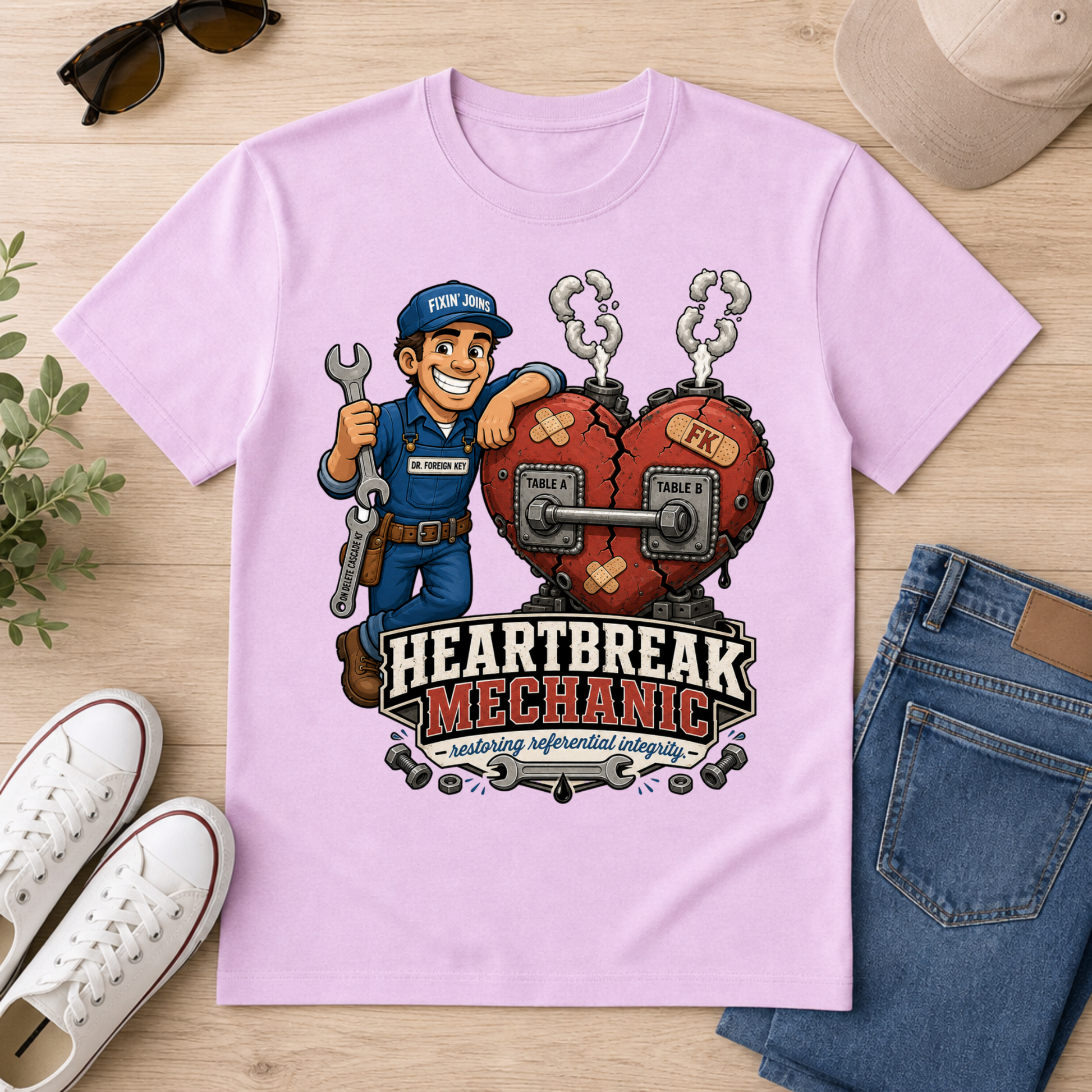 A light pink short-sleeve graphic T-shirt laid flat on a light wood surface, surrounded by sunglasses, a beige cap, white sneakers, and blue jeans. The shirt features a cartoon mechanic holding a wrench beside a broken heart with the text 'Heartbreak Mechanic' and smaller text reading 'embracing brokenheart sadness.