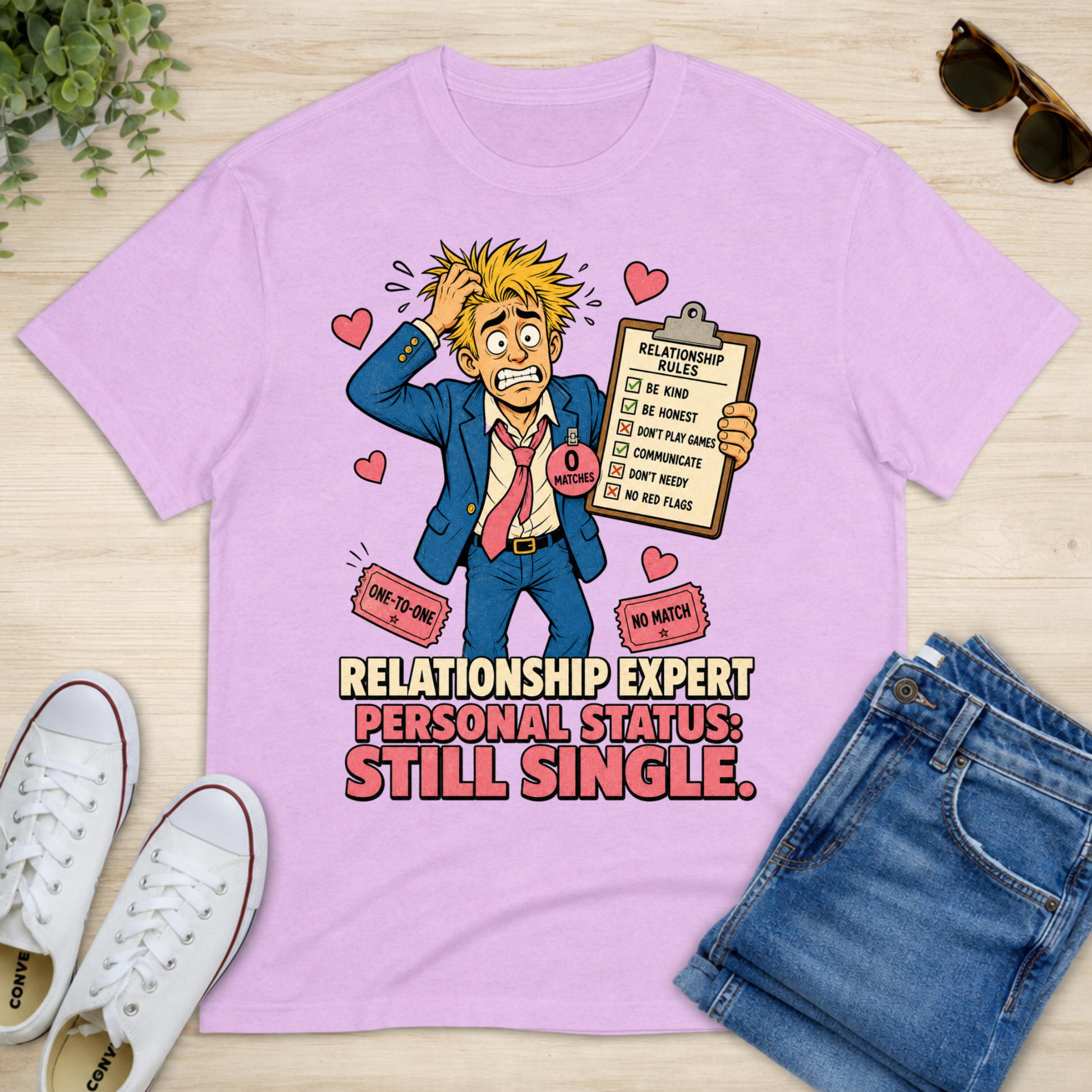 A light purple graphic t-shirt laid flat on a light wood background, styled with white sneakers, blue jeans, sunglasses, and a small plant. The t-shirt features a cartoon of a blond man in a blue suit holding a clipboard with relationship rules, surrounded by pink hearts, with the text 'RELATIONSHIP EXPERT PERSONAL STATUS: STILL SINGLE.
