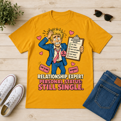 A bright yellow graphic t-shirt laid flat on a light wood background, styled with white sneakers, folded blue jeans, sunglasses, and a small plant. The shirt features a cartoon illustration of a stressed-out blond man holding a clipboard with relationship checklist items, surrounded by pink hearts and the text 'RELATIONSHIP EXPERT PERSONAL STATUS: STILL SINGLE.