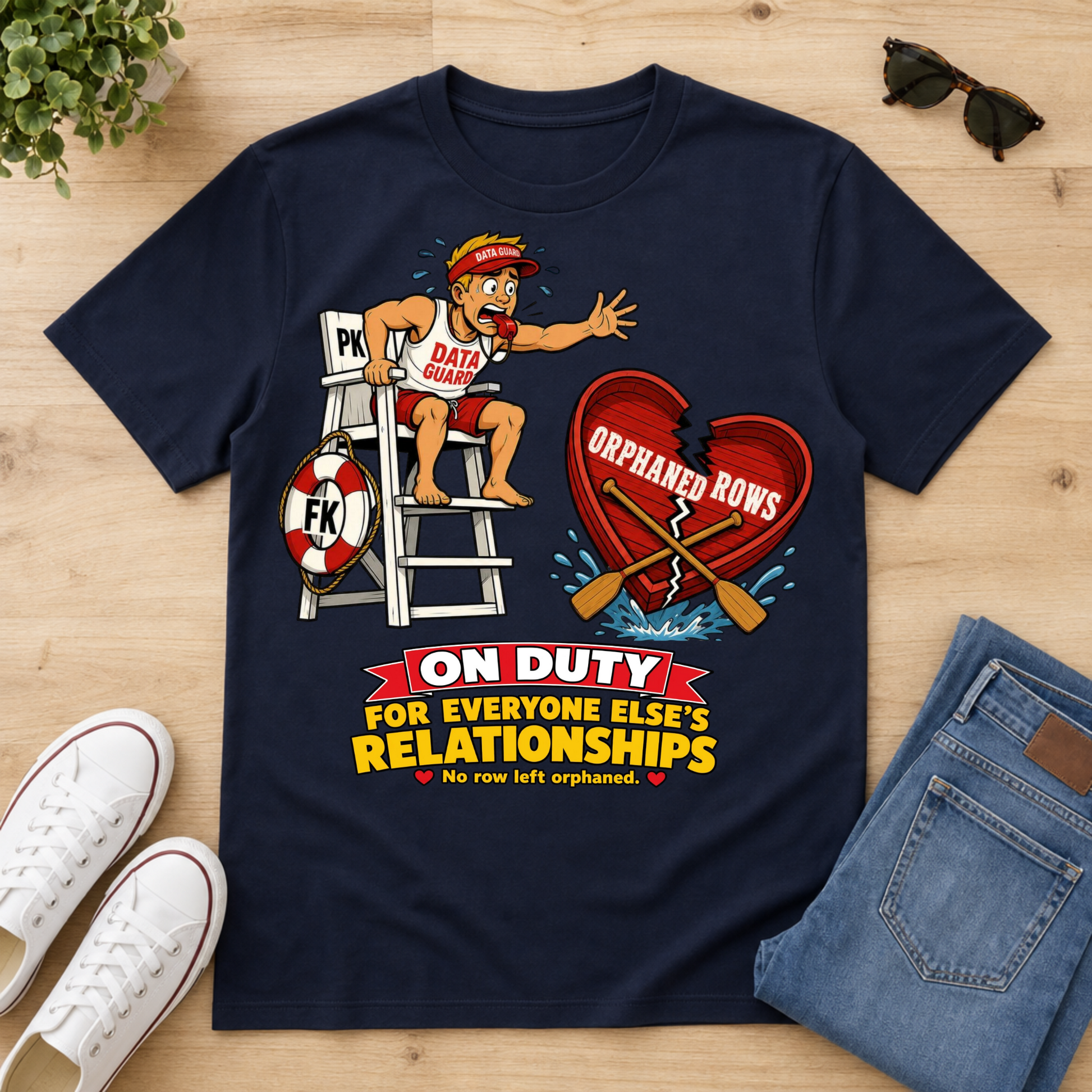 A navy blue graphic t-shirt laid flat on a light wood surface, styled with white sneakers, blue jeans, sunglasses, and a small plant. The shirt features a cartoon lifeguard with the text 'DATA GUY' and a broken red heart with the text 'Orphaned Rows' and 'ON DUTY FOR EVERYONE ELSE'S RELATIONSHIPS'.
