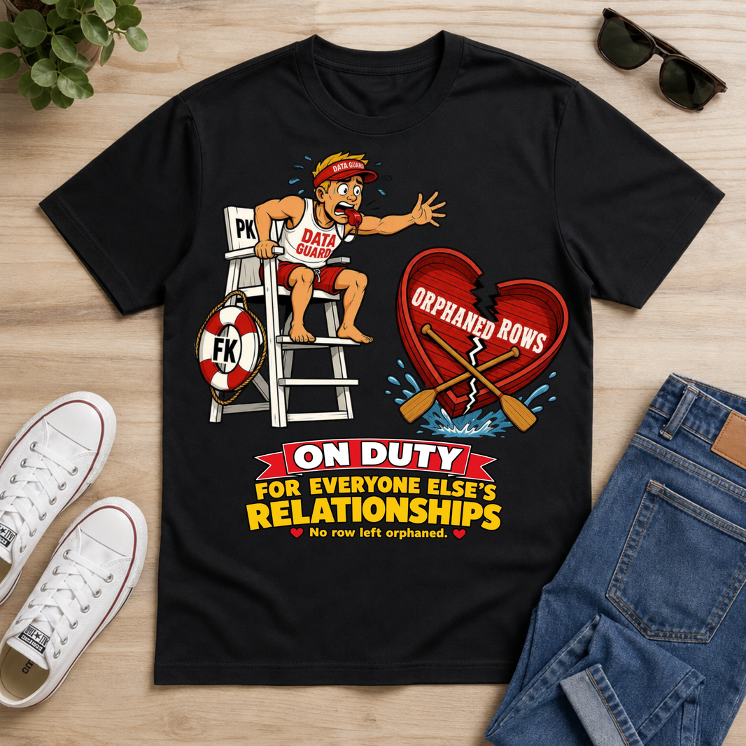 A black graphic t-shirt laid flat on a light wood surface, styled with white sneakers, sunglasses, and blue jeans. The t-shirt features a cartoon lifeguard sitting on a ladder next to a broken red heart that reads 'ORPHANED ROWS' and the text 'ON DUTY FOR EVERYONE ELSE'S RELATIONSHIPS'.