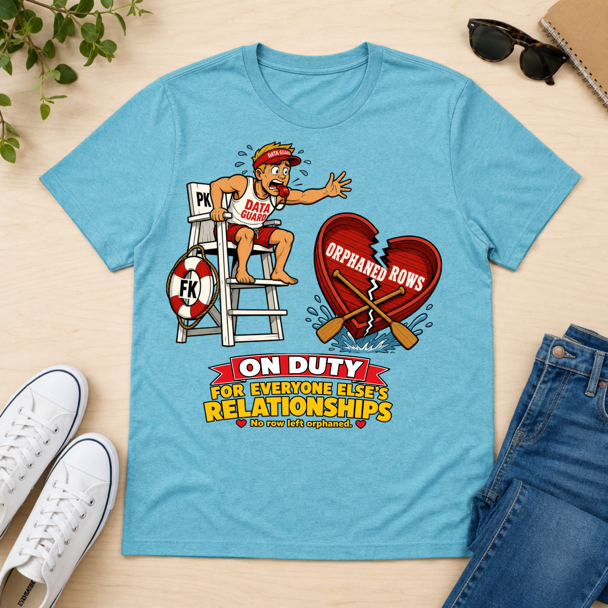 A light blue graphic t-shirt laid flat on a light wood surface, surrounded by lifestyle props including white sneakers, sunglasses, a notebook, and blue jeans. The graphic features a cartoon lifeguard with the text 'DATA GUY' on a ladder next to a broken red heart that reads 'ORPHANED ROWS' and the text 'ON DUTY FOR EVERYONE ELSE'S RELATIONSHIPS'.