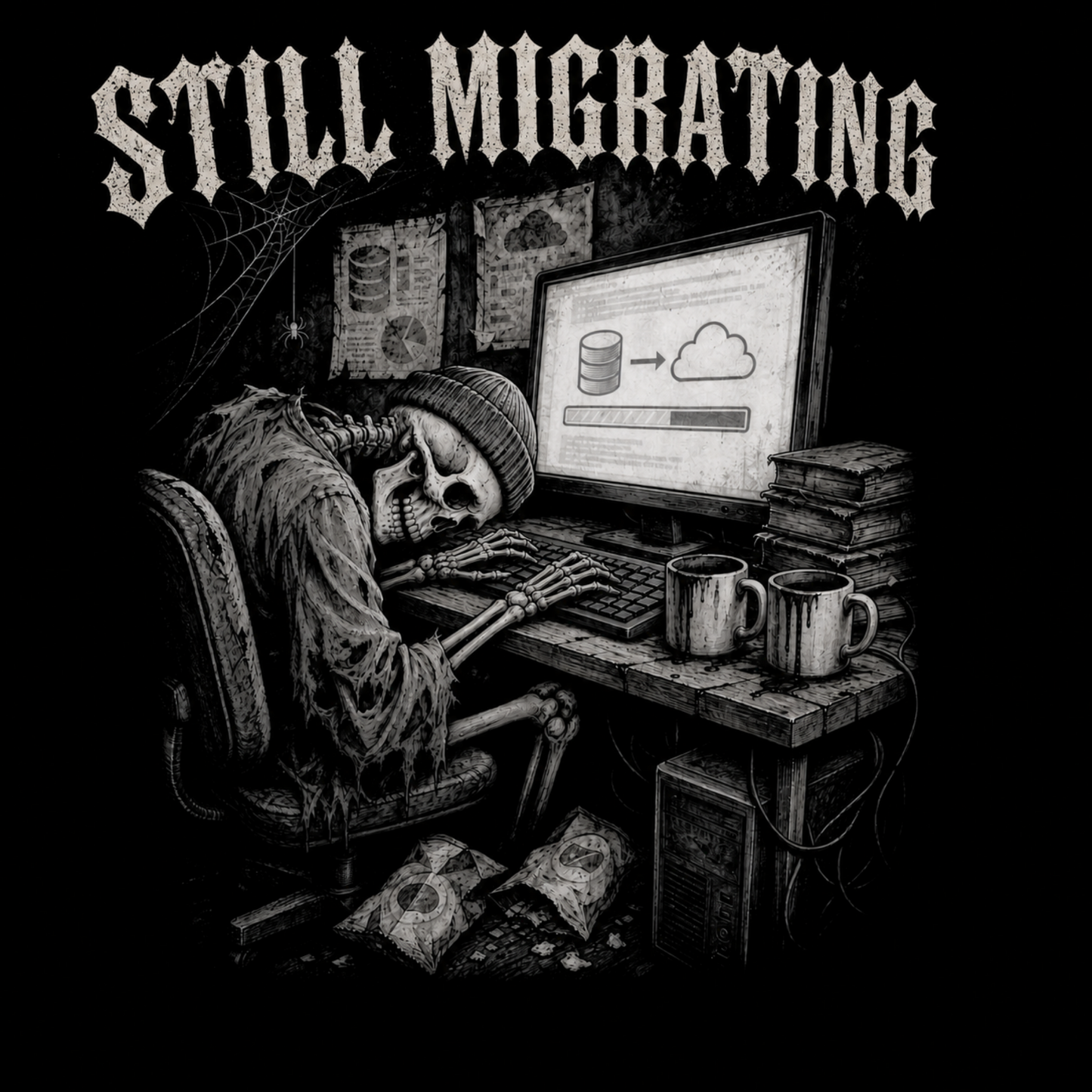 Black and white graphic print featuring a skeleton slumped at a desk with a computer monitor showing database and cloud icons, with the text 'STILL MIGRATING' in a gothic font at the top.