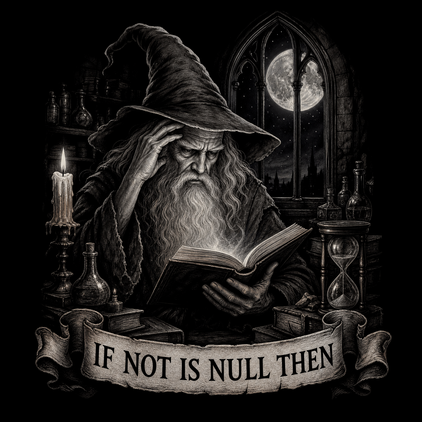 A dark fantasy-style illustration of an old wizard with a long pointed hat and beard, holding an open glowing book in a study at night. Candles, bottles, an hourglass, and an arched window with a full moon are visible around him.