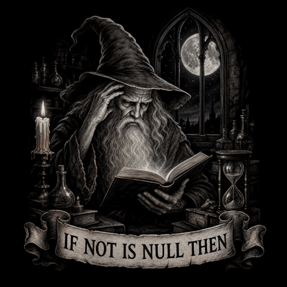 A dark fantasy-style illustration of an old wizard with a long pointed hat and beard, holding an open glowing book in a study at night. Candles, bottles, an hourglass, and an arched window with a full moon are visible around him.