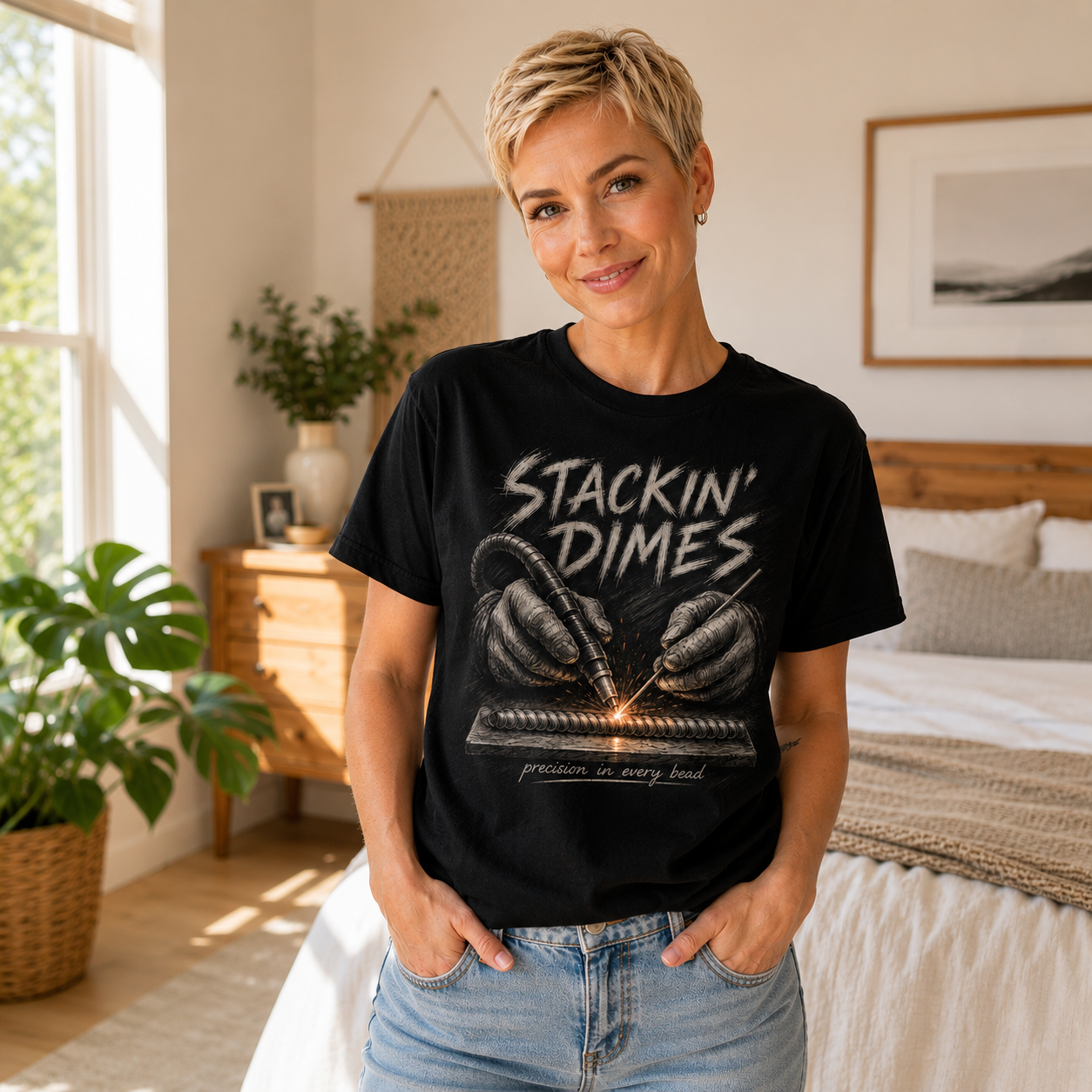 A woman with short blonde hair stands in a bedroom wearing a black graphic t-shirt that reads 'STACKIN' DIMES' with a hand drawing illustration, paired with light blue jeans.