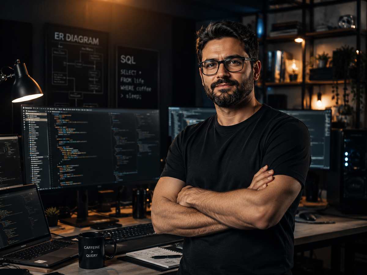 Software developer working at a computer in a modern office