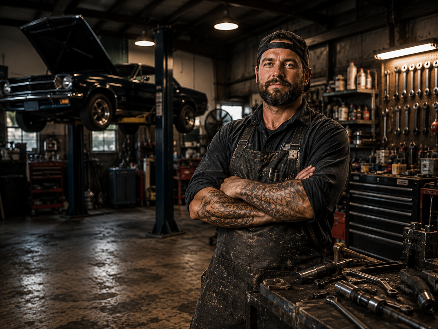 Mechanic working beside a car in a busy garage workshop