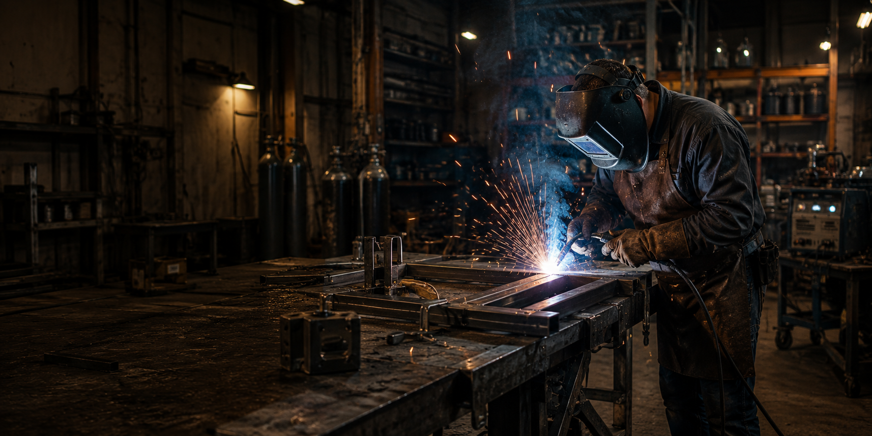 Welder working at a steel bench with sparks inside an industrial workshop