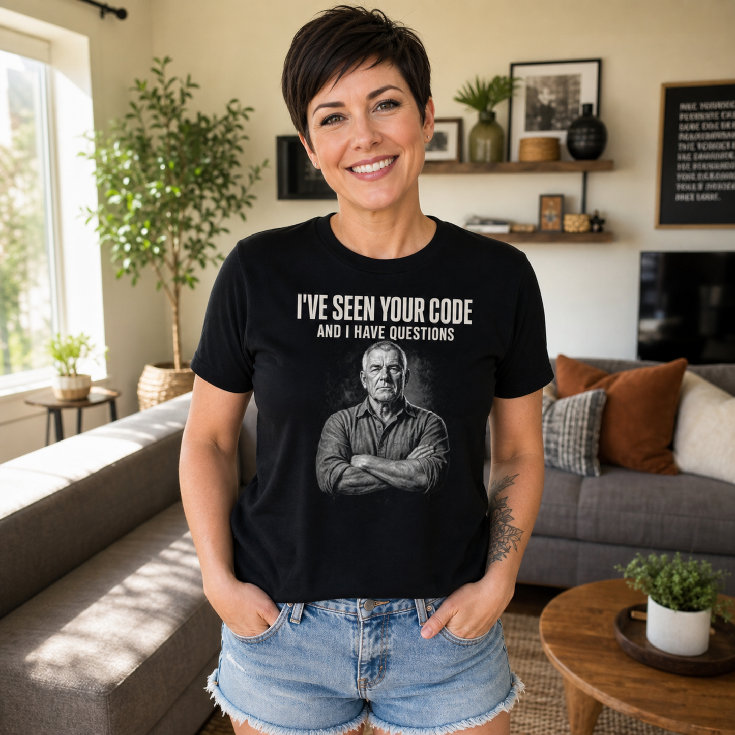 Man wearing I've Seen Your Code black programmer t-shirt female still shot