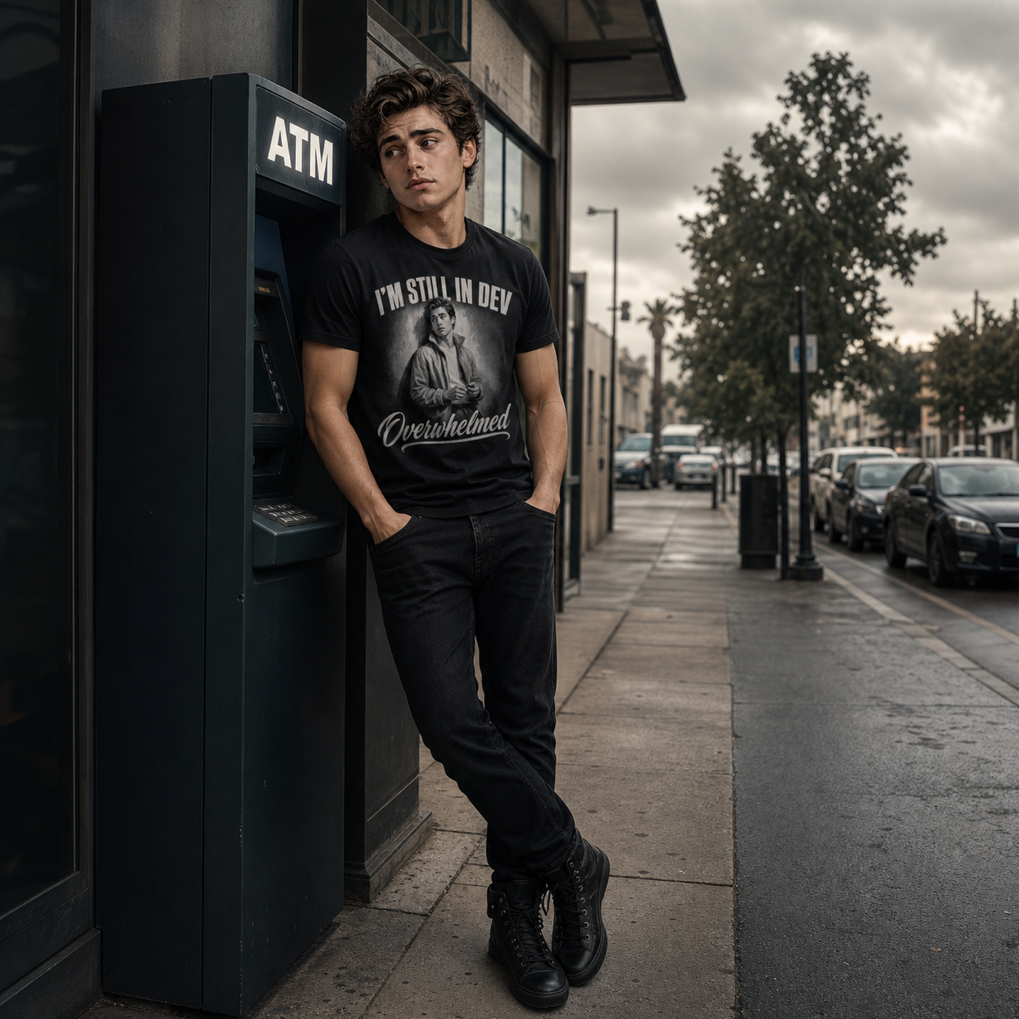 A man wearing a black graphic t-shirt with a 'I'm Still In Dev' and 'Overwhelmed' print, paired with black jeans and black boots, leaning against a black ATM on a city sidewalk.
