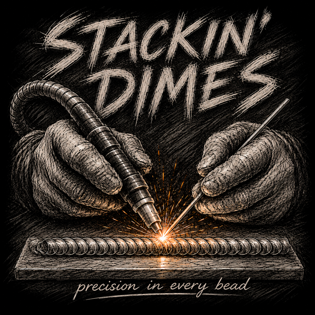 A stylized black-and-white illustration of two gloved hands holding welding tools over a bead on a metal rod, with sparks flying. Large hand-drawn text at the top reads “STACKIN’ Dimes,” and smaller script text at the bottom reads “precision in every bead.