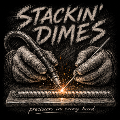 A stylized black-and-white illustration of two gloved hands holding welding tools over a bead on a metal rod, with sparks flying. Large hand-drawn text at the top reads “STACKIN’ Dimes,” and smaller script text at the bottom reads “precision in every bead.