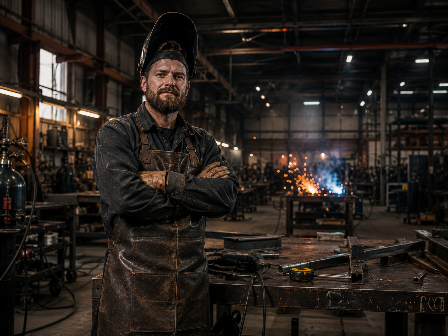 Welder standing in an industrial fabrication workshop