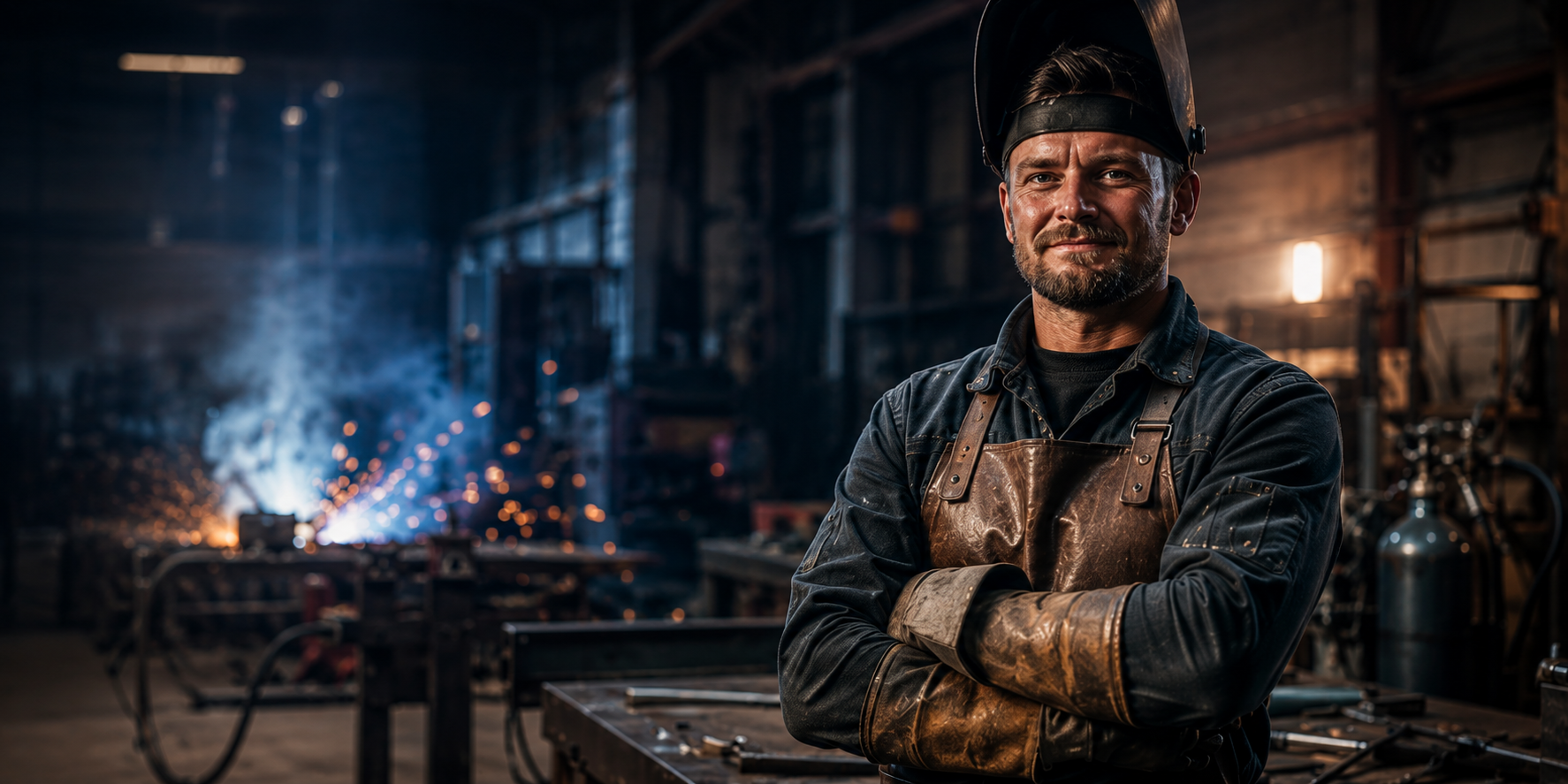 Professional welder standing beside a steel workbench in an industrial fabrication workshop