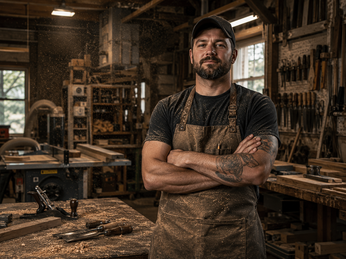 Woodworker standing at a bench in a timber workshop